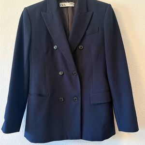 Zara Women's Navy Blue Double-Breasted Blazer Sz S